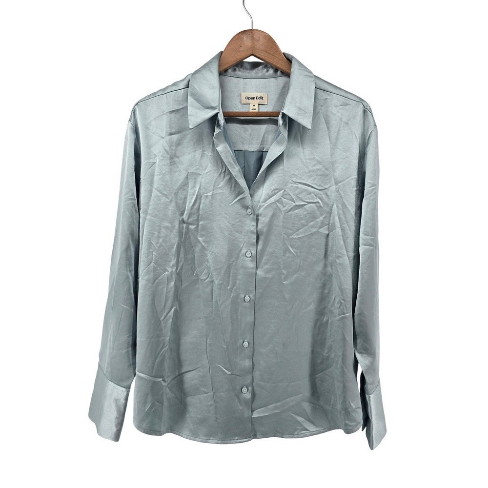 Open Edit Blouse Womens Medium Blue Satin Button Up Long Sleeve Wide Cuff Shirt